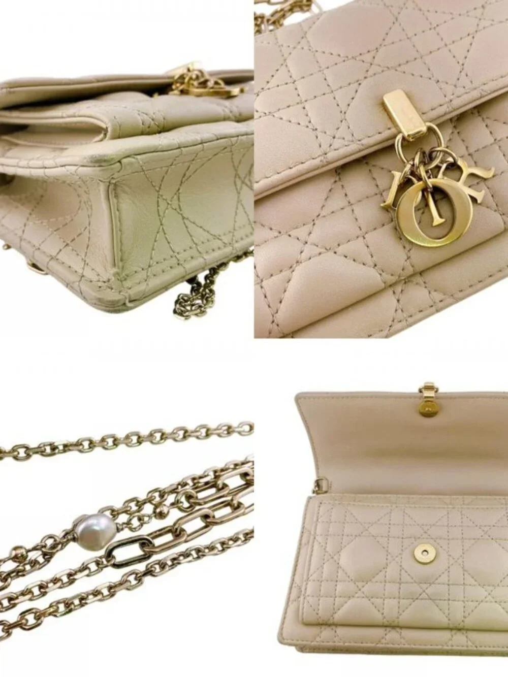 Dior Lady Logo Leather Wallet Chain Beige Handbag